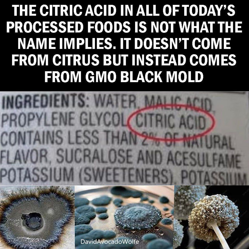 OrganicLiveFood's tweet photo. A Sour Deception: Citric Acid Comes From GMO Black Mold, Not Fruit