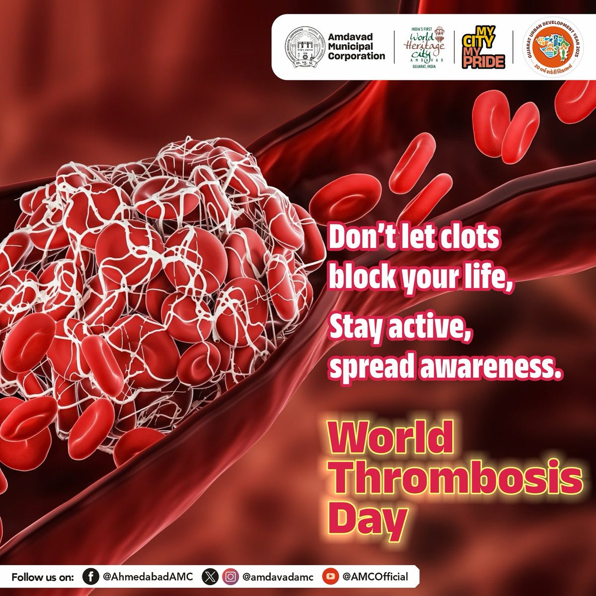 AmdavadAMC's tweet image. Blood clots can be deadly if left untreated. It’s important to know the risk factors and reach out for help. Early diagnosis and treatment can save lives. Educate yourself and others about thrombosis before it’s too late.
#WorldThrombosisDay #HealthAwareness #PreventBloodClots…