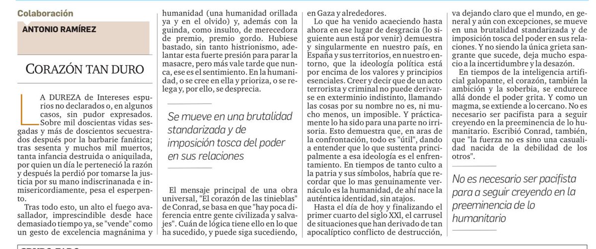 Mi opinión ✍️ en el Diario <a href="/ElFarodeMelilla/">El Faro de Melilla</a> 
"Corazón tan duro"