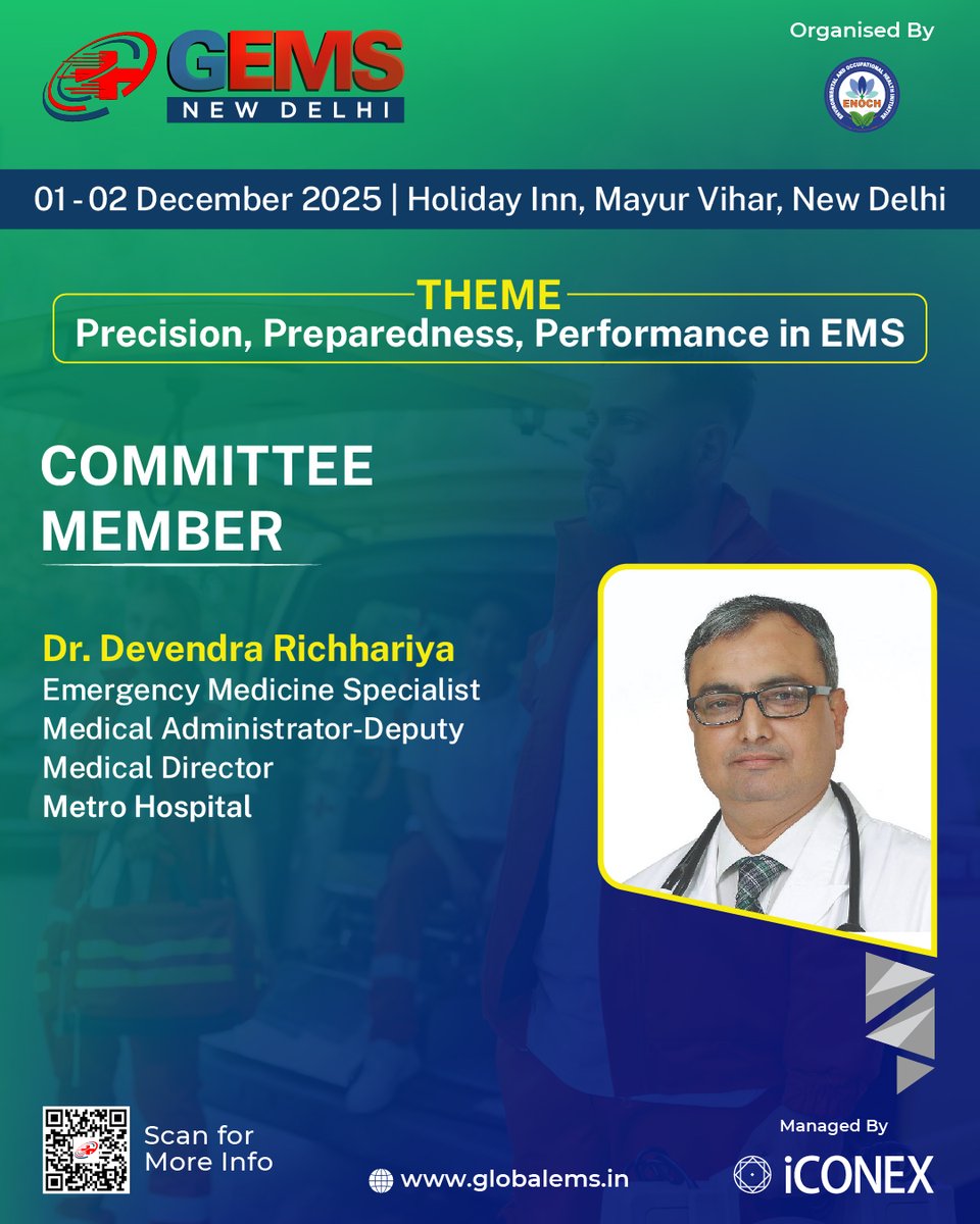 GlobalEMS217675's tweet image. We are pleased to welcome Dr. Devendra Richhariya, Emergency Medicine Specialist &amp;amp; Medical Administrator–Deputy Medical Director, Metro Hospital, as a Committee Member for the #GEMS2025.

🗓️01-02 December 2025
📍New Delhi

🔗globalems.in

#EMS #CommitteeMember #Medical