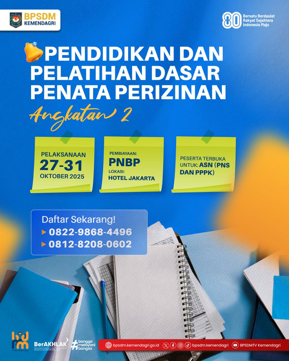 Segera Daftar! BPSDM Kemendagri kembali membuka Pendidikan dan Pelatihan Dasar Penata Perizinan Angkatan II 

Jangan lewatkan kesempatan untuk meningkatkan kompetensi dan memperluas jaringan profesional Anda! 

Info &amp; Pendaftaran:
0812-8208-0602 | 0822-9868-4496

#BPSDMHEBAT