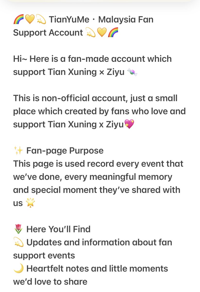TianYuMe13515's tweet photo. 🌈💛💫 TianYuMe · Malaysia Fan Support Account 💫💛🌈

Hi~ Here is a fan-made account which support Tian Xuning × Ziyu 🍬

This is non-official account, just a small place which created by fans who love and support Tian Xuning x Ziyu💖 https://t.co/2dHxFKIxUI