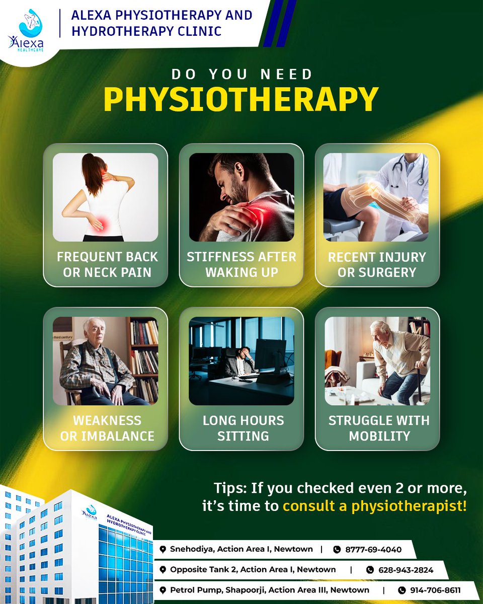Do you really need physiotherapy? 
If you’ve been ignoring pain, stiffness, or poor posture — your body might already be telling you yes! 

📍 Locations:
* Snehodiya, AA I, Newtown
* Opposite Tank 2, AA I, Newtown
* Petrol Pump, Shapoorji, AA III, Newtown