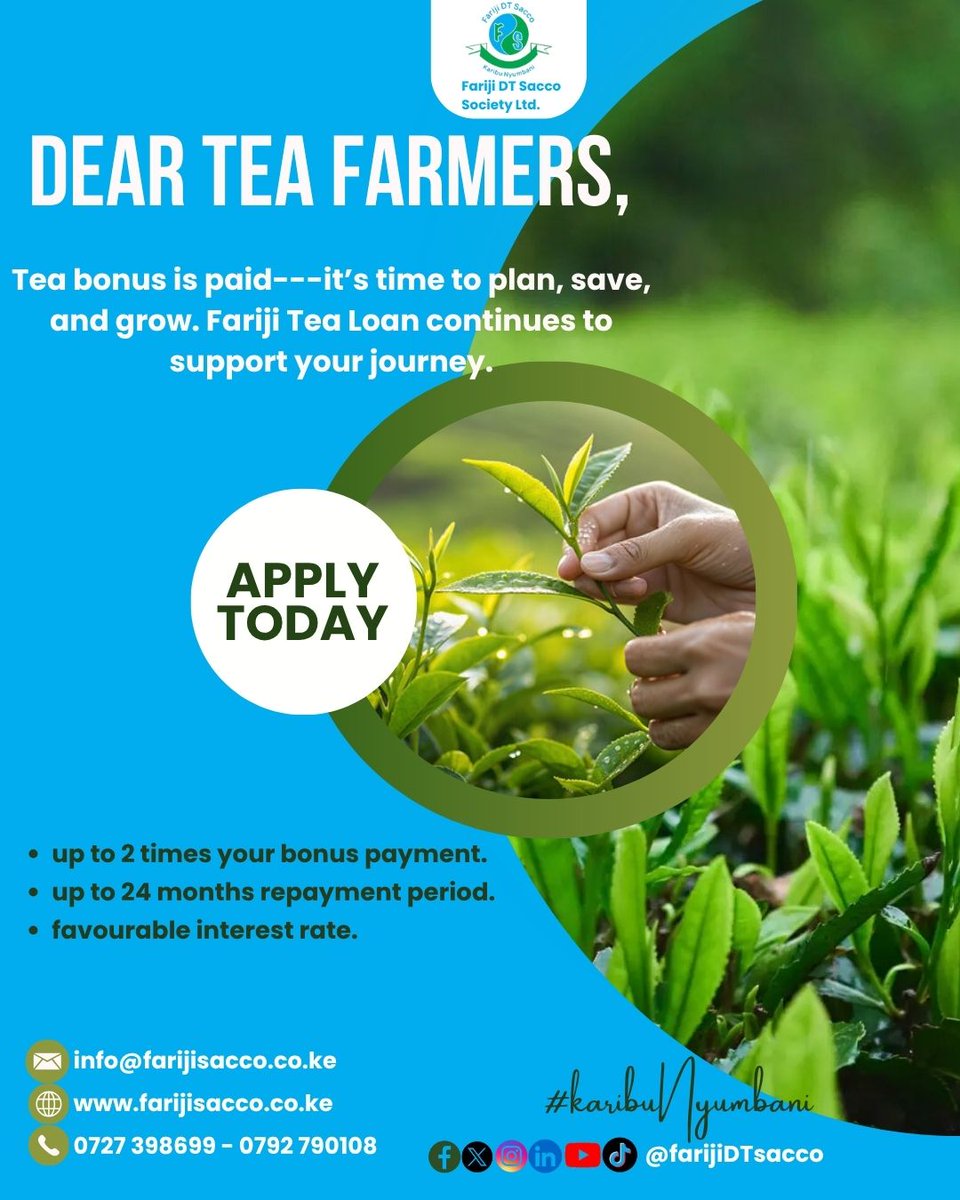 farijisacco_ltd's tweet photo. Tea Farmers! Tea Farmers! Good News For You! Visit the nearest Branch. @SaccoTrend @SASRA_ke @kuscco
#farijisacco #KaribuNyumbani https://t.co/9AYk4zYwX6