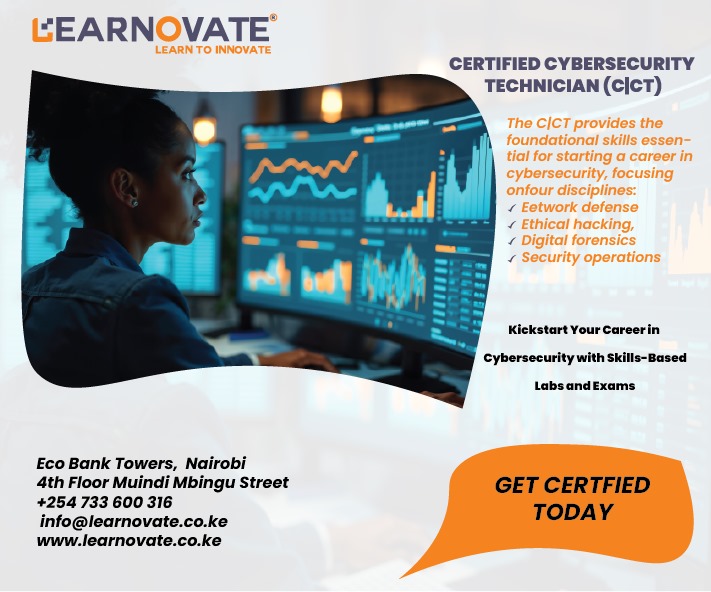 LearnovateTech's tweet image. Join the Certified Cybersecurity Technician (C|CT) program and gain hands-on skills using real-world cybersecurity tools and techniques.
📍 Eco Bank Towers, 4th Floor, Muindi Mbingu Street, Nairobi
📞 0733 600316 / 0780 342333 | ✉️ info@learnovate.co.ke