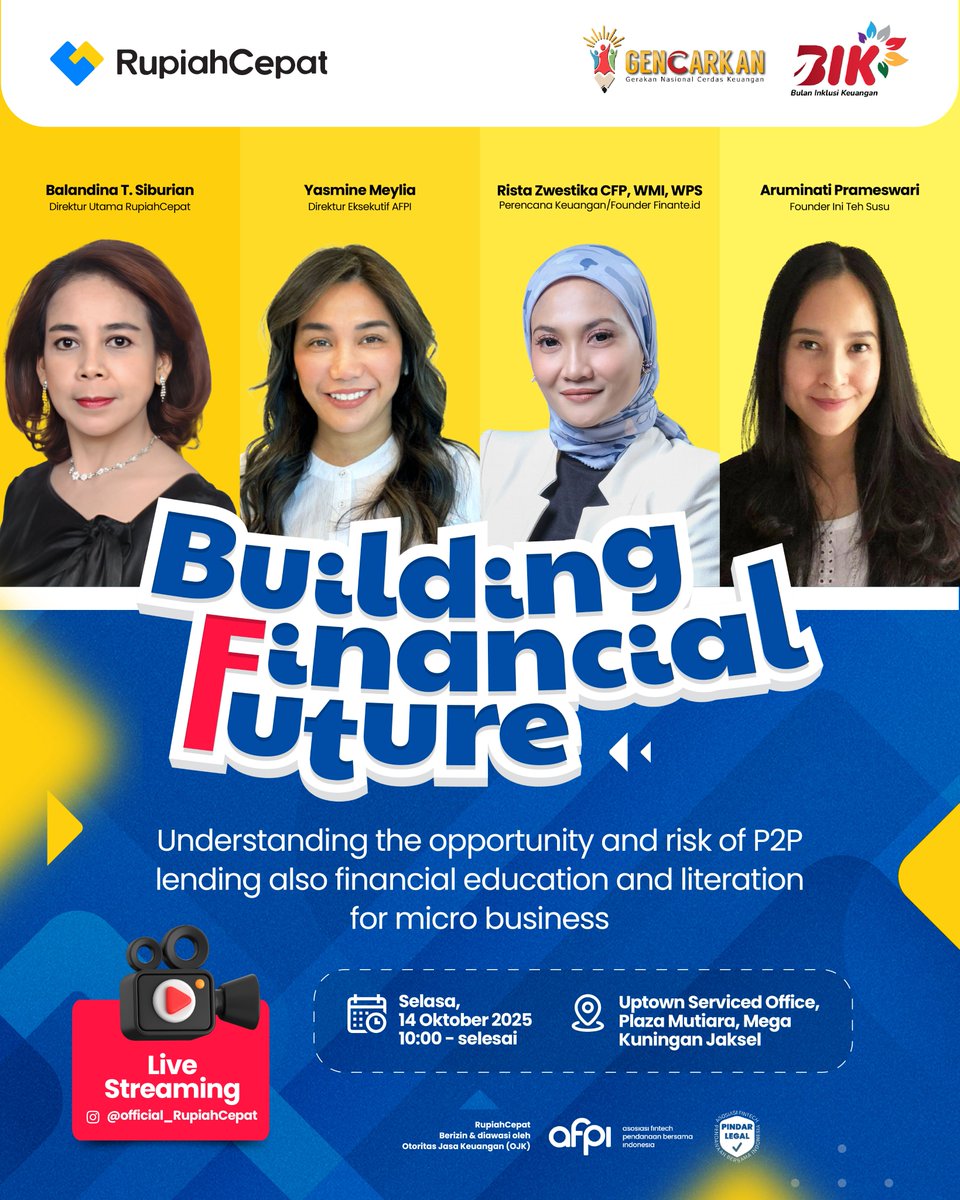 Bangun Masa Depan Finansial bersama RupiahCepat!
Tantangan terbesar dalam membangun bisnis bukan hanya ide, tapi juga bagaimana mengelola keuangan dengan bijak 💼

Di acara ini, kita akan bahas peluang dan risiko P2P lending, serta pentingnya literasi keuangan bagi pelaku usaha