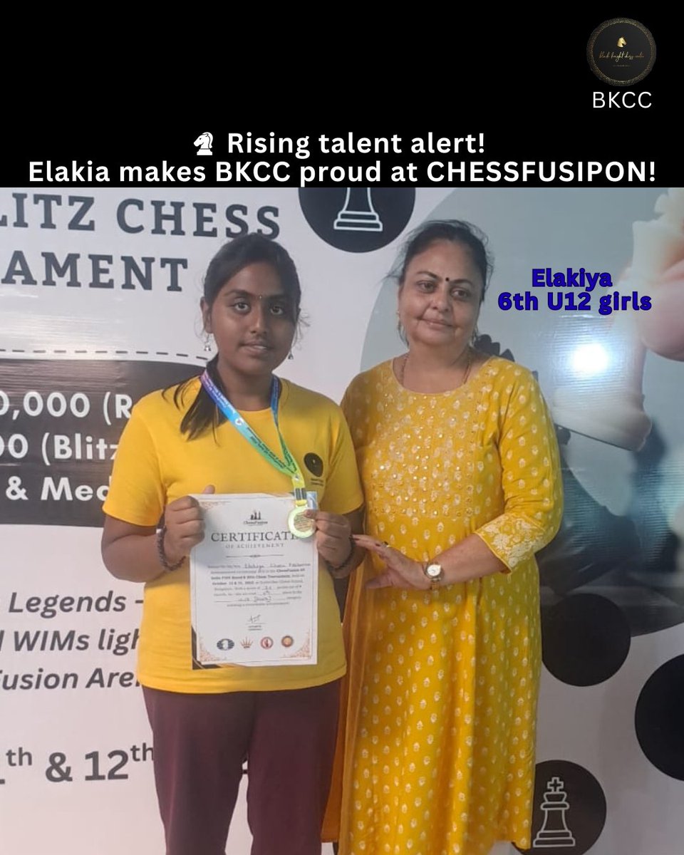 BClub82099's tweet image. Two young queens, one proud family — BKCC shines again! ♟️✨

From the ChessFusion All India Federated Rapid Chess Tournament (KSCA event) —

👑 Himeshree brings home the 1st prize (Under 8 Girls)

🌟 Elakia secures 6th position (Under 12 Girls)
#chess #bangalorechess #u08 #u12