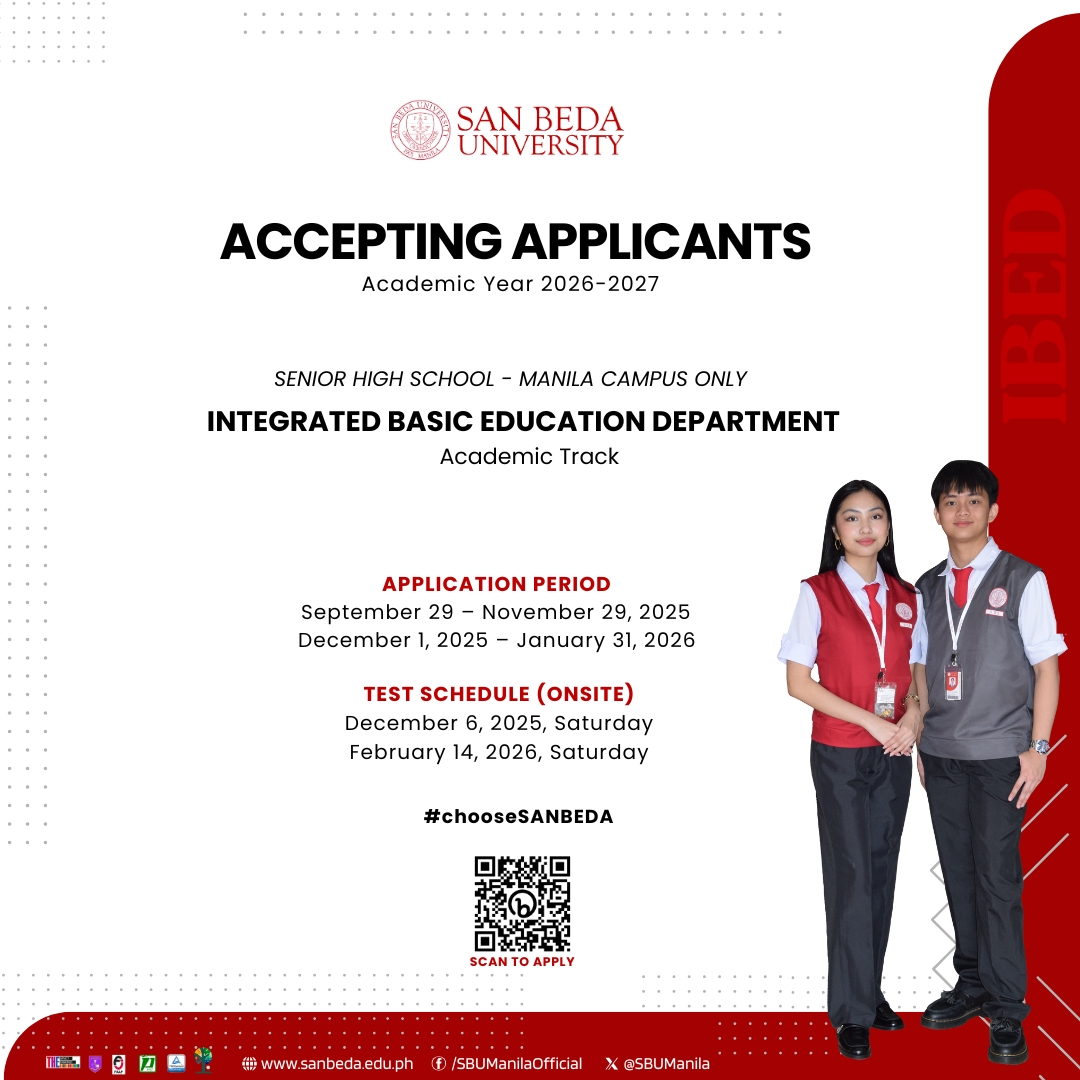 Become a Bedan.

Now accepting applicants for AY 2026-2027.

Scan the QR code or click the link:  admissions.sanbeda.edu.ph/login

🌐 sanbeda.edu.ph/manila/admissi… 
📧 SBUadmissions@sanbeda.edu.ph
📱 0906 -5733383
☎️ 8726-2332 loc. 3117
📠Direct Line / Telefax: 8734-8062

#chooseSANBEDA