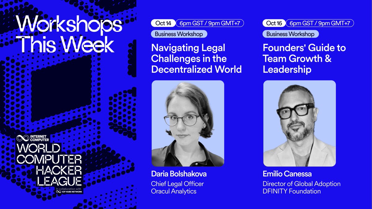 💡 This week at #WCHL2025 Business Workshops:

🎙️ Daria Bolshakova “Navigating Legal Challenges in the Decentralized World"
📅 October 14 | 🕘 9PM GMT+7| 2:00 pm UTC

🎙️ <a href="/CanessaEmilio/">𝘌𝘮𝘪𝘭𝘪𝘰</a>  “Founders' Guide to Team Growth &amp; Leadership" 
📅 October 16 | 🕘 9PM GMT+7| 2:00 pm UTC