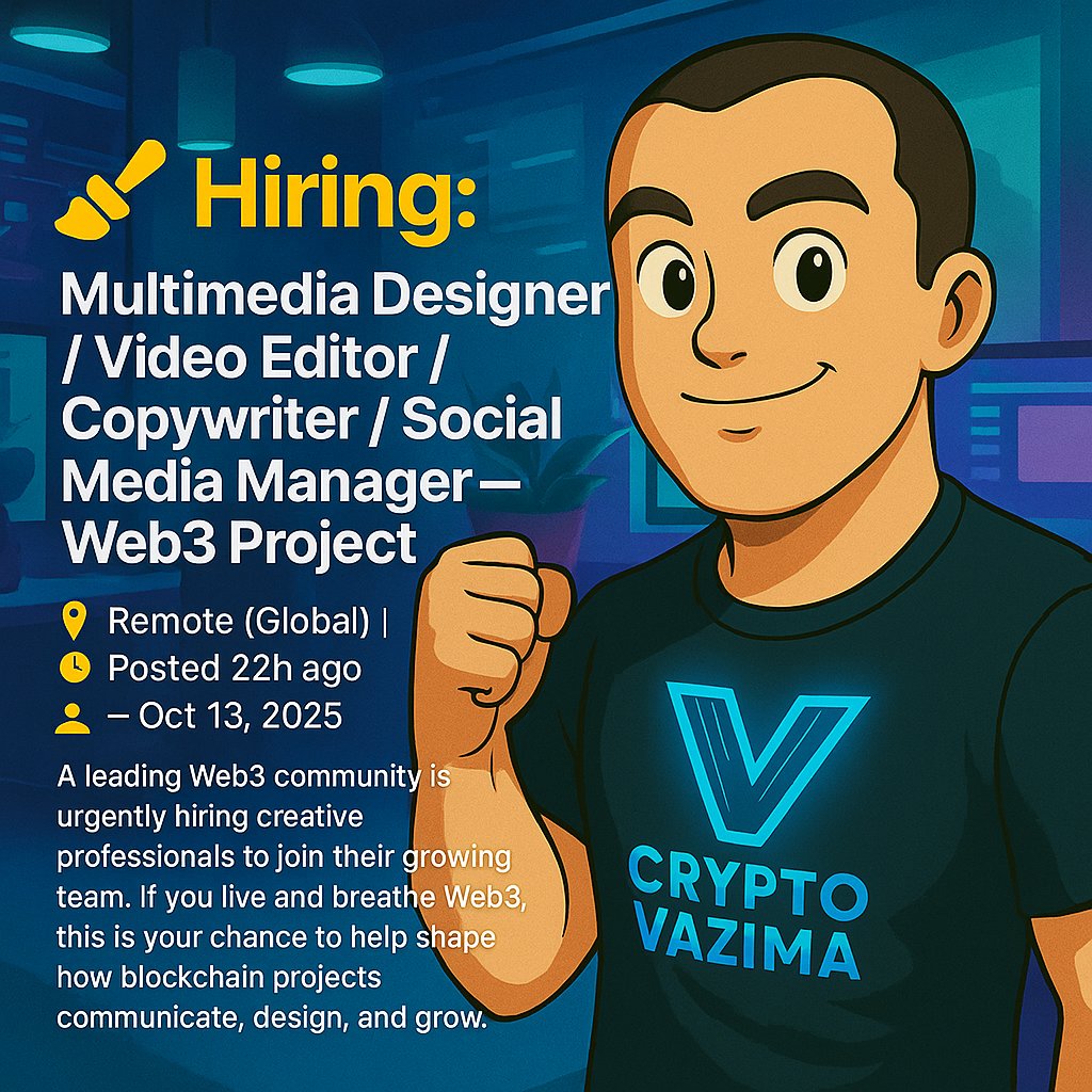 🎨 Hiring: Multimedia Designer / Video Editor / Copywriter / Social Media  Manager — Web3 Project 📍 Remote (Global) | 💼 Full-time or Freelance |  🧑‍💻 Web3 community Urgent hiring alert 🚨
