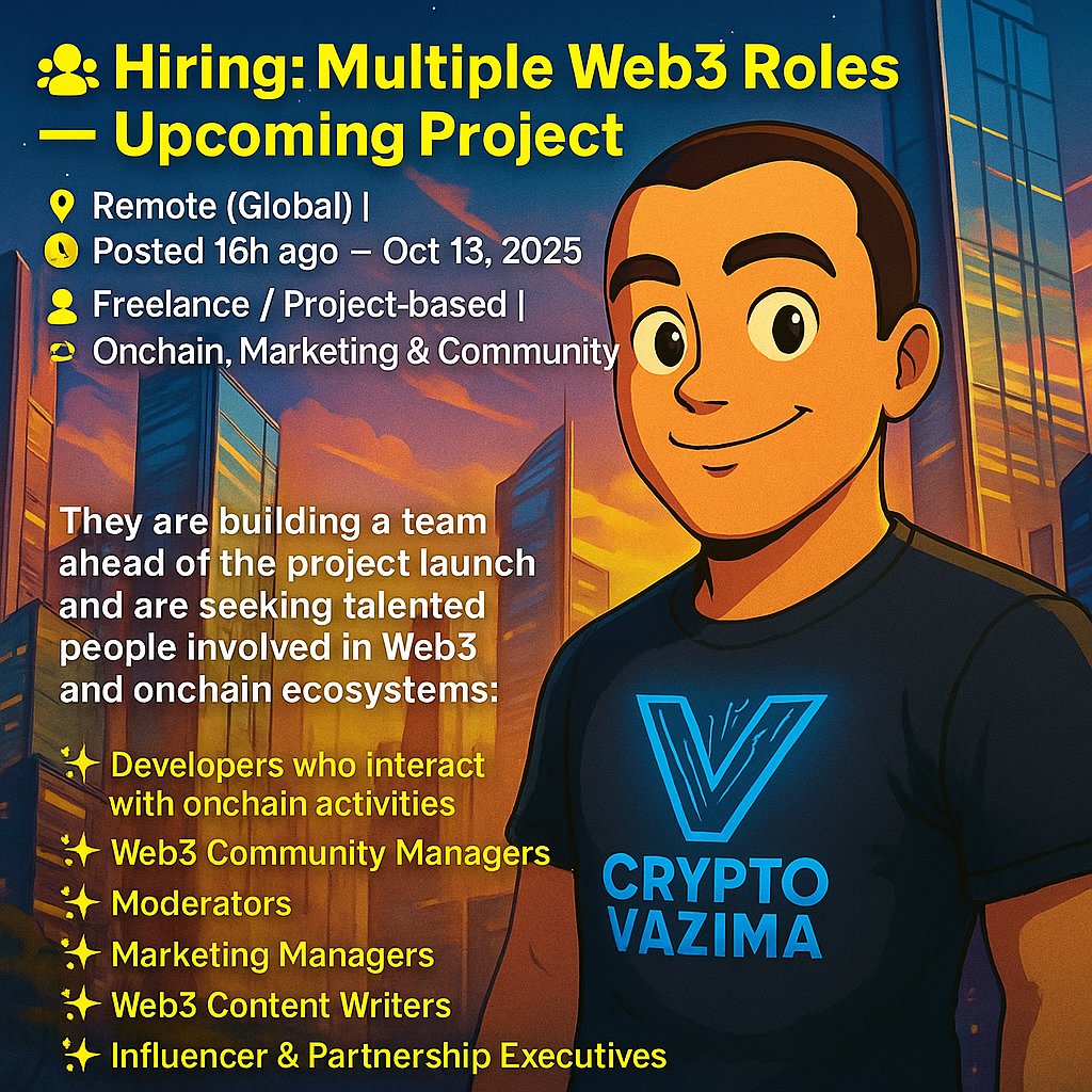 crypto_vazima's tweet image. 🚀 Hiring: Multiple Web3 Roles — Upcoming Project
📍 Remote (Global) | 💼 Freelance / Project-based | 🧑💻 Onchain, Community & Marketing
Spirit Philip — Product Designer, DevRel Engineer & Web3 Advocate — is building a team for a new project.
They’re looking to connect with:
💠…