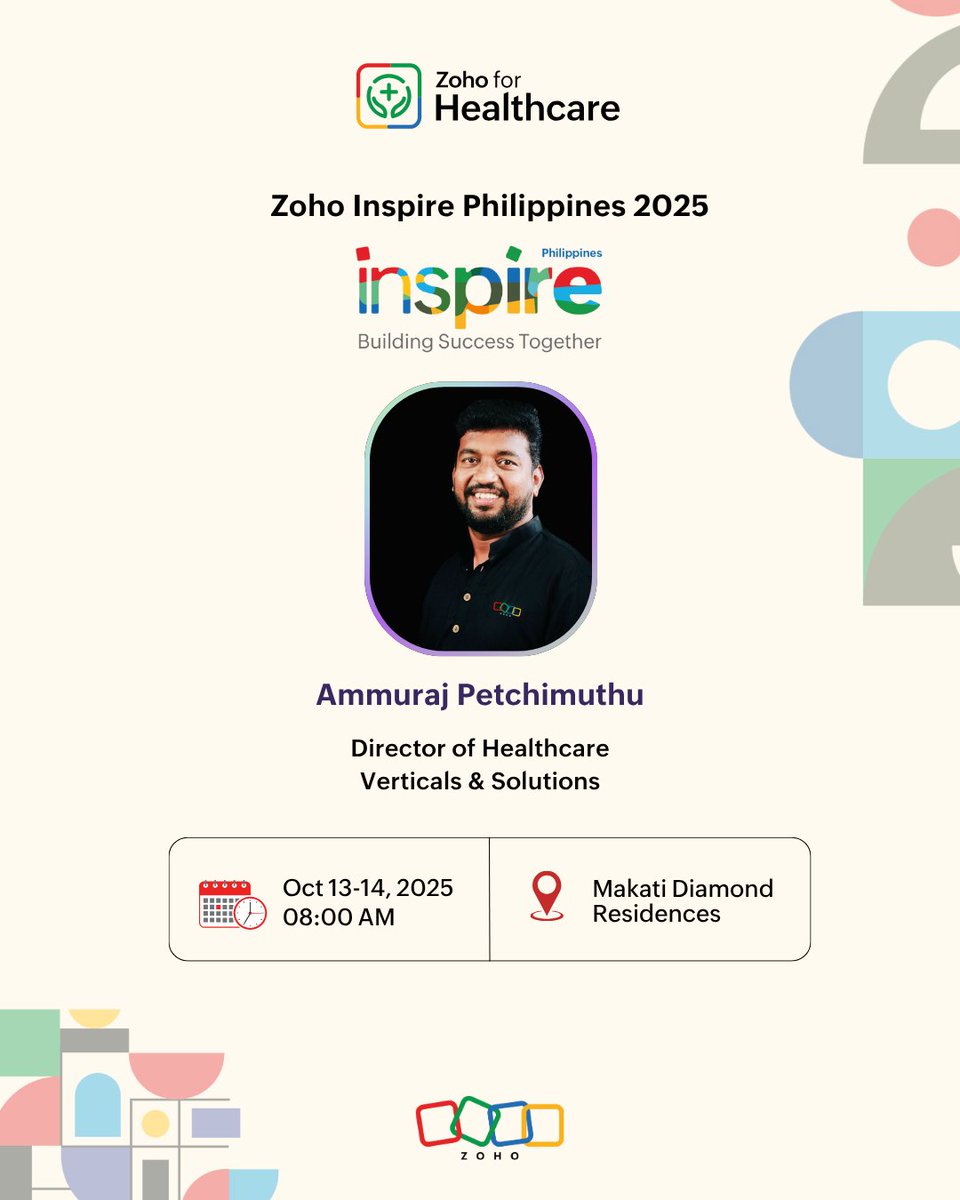 ZohoHealthcare's tweet image. Hello Partners! 👋

We’re excited to be at #ZohoInspirePhilippines2025 🇵🇭

Meet our team to discover how Zoho for Healthcare is transforming modern healthcare through innovative solutions.

#ZohoInspire #PartnerEvent #ZohoForHealthcare #HealthcareSolutions