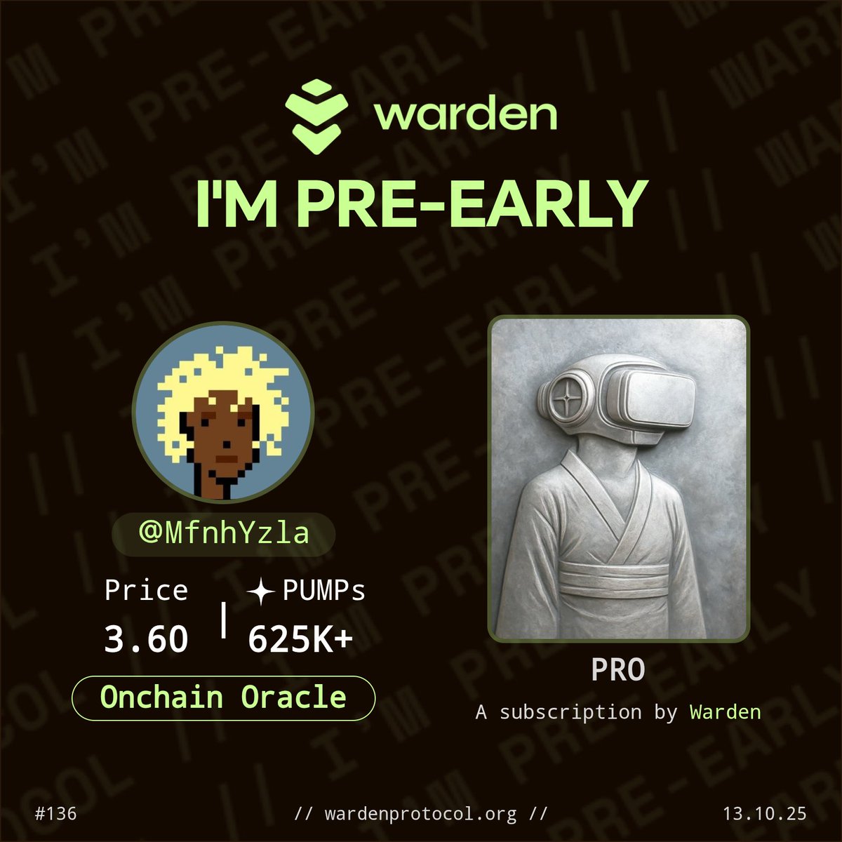 MfnhYzla's tweet image. 👾 Thanks @Akash_Mishka — I’m Pre-Early too.

PRO mode activated. 💚
What about you? 👀

Join the movement @wardenprotocol and mint your own card 👉 w-social-card.replit.app

#WardenProtocol #PreEarly #OnchainOracle