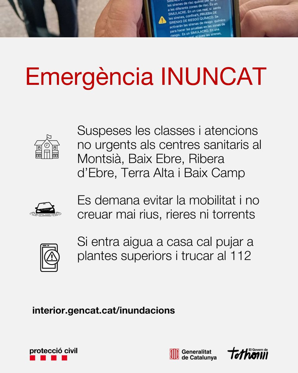 IMPORTANT❗❗

Estem en EMERGÈNCIA del pla #INUNCAT

✔️ Suspeses classes i atencions no urgents als centres sanitaris del Montsià, Baix Ebre, Ribera d'Ebre, Terra Alta i Baix Camp

✔️ Eviteu la mobilitat en la mesura del possible

✔️ En cas d'emergència truqueu al 112

#AlertaCat