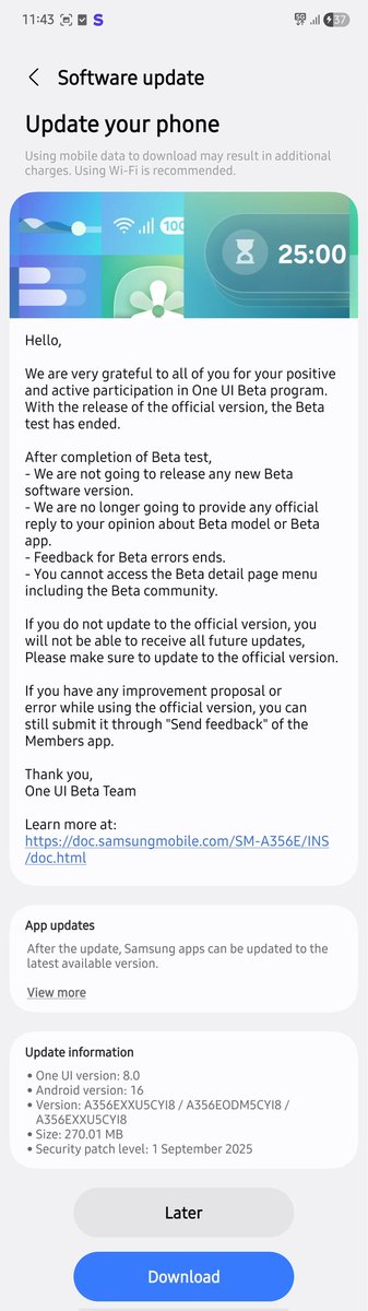 Koram_Akhilesh's tweet image. Finally for Galaxy A35❗

OneUI8 (Android16) stable update for Galaxy A35 started rolling out in India 🇮🇳 🥳

Build info:
A356EXXU5CYI8/A356EODM5CYI8/A356EXXU5CYI8

Security patch: 01-09-2035

#GalaxyA35 #OneUI8 #Samsung