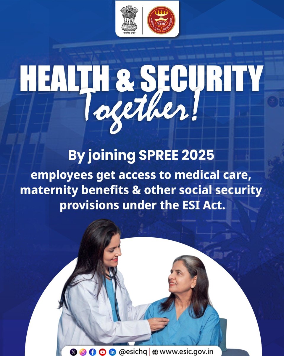 ESIC_RO_CHENNAI's tweet image. Strong employees, stronger workplace!

Join #SPREE2025 to ensure your team enjoys health, maternity &amp;amp; social security benefits under the ESI Act. Protecting well-being today for a healthier tomorrow.  

#ESIC #EmployeeWellBeing #HealthForAll