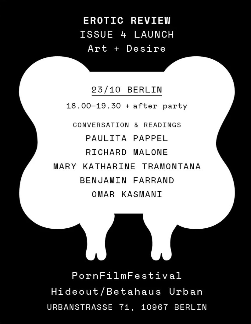 Talking about art + desire <a href="/PFFBerlin/">Pornfilmfestival Berlin</a> for the Berlin launch of <a href="/EroticReviewMag/">Erotic Review</a> Issue 4 on 23 October 18-19:30 + after party
🎫 pornfilmfestivalberlin.de/en/film-2025/e…