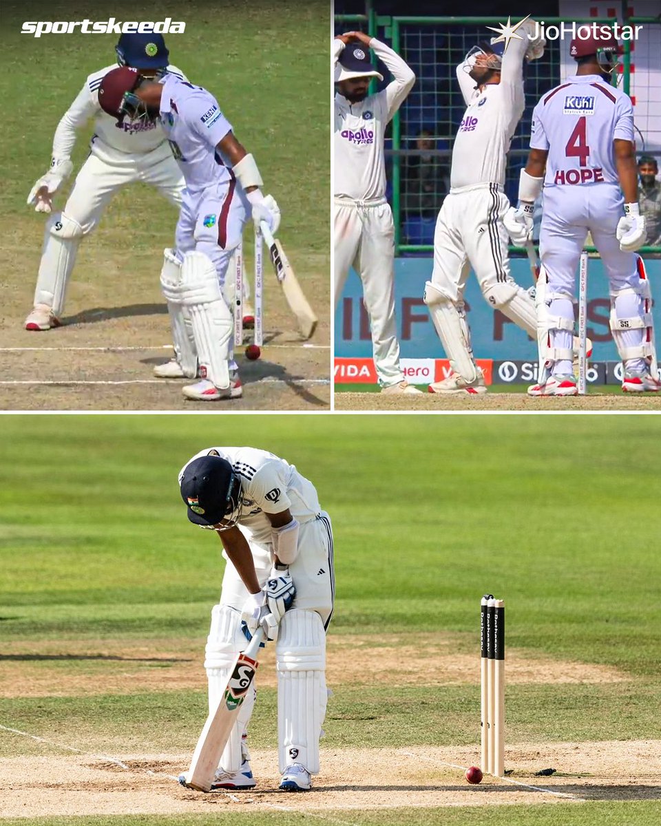 Sportskeeda's tweet image. Shai Hope narrowly survives a close call, but it reminds us of Mohammed Siraj — a similar ball that hit the stumps, and India lost the match! 💔😥

#INDvWI #Tests #MohammedSiraj #ShaiHope #Sportskeeda