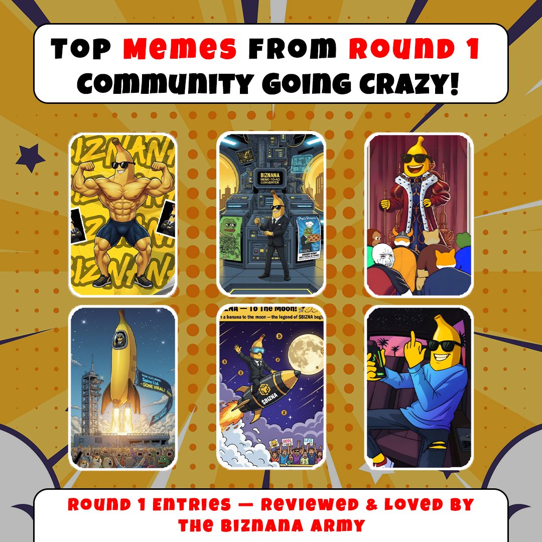biznana_meme's tweet image. Biznana Army’s meme power is UNSTOPPABLE 💥🍌
Here are some of the funniest Round 1 entries from our amazing community!
Which one’s your favorite? 👇
#Biznana #biznanameme #MemeContest #cryptohumor #memecoins #CryptoCommunity #topmeme #communitylove #Cryptotrades #trading