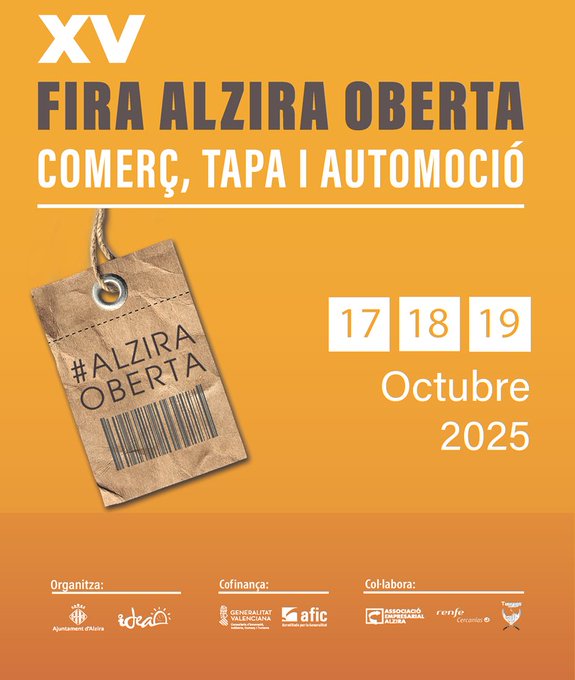 No te pierdas la "XV FIRA ALZIRA OBERTA: COMERÇ , TAPA I AUTOMOCIÓ"  los días
1⃣7⃣, 1⃣8⃣ y 1⃣9⃣ de octubre.

¡Te llevamos! 🚅 

#ALZIRAOBERTA

No et perdes la "XV FIRA ALZIRA OBERTA: COMERÇ , TAPA I AUTOMOCIÓ"  els dies
1⃣7⃣, 1⃣8⃣ i 1⃣9⃣ d'octubre.

Et portem! 🚅

#ALZIRAOBERTA