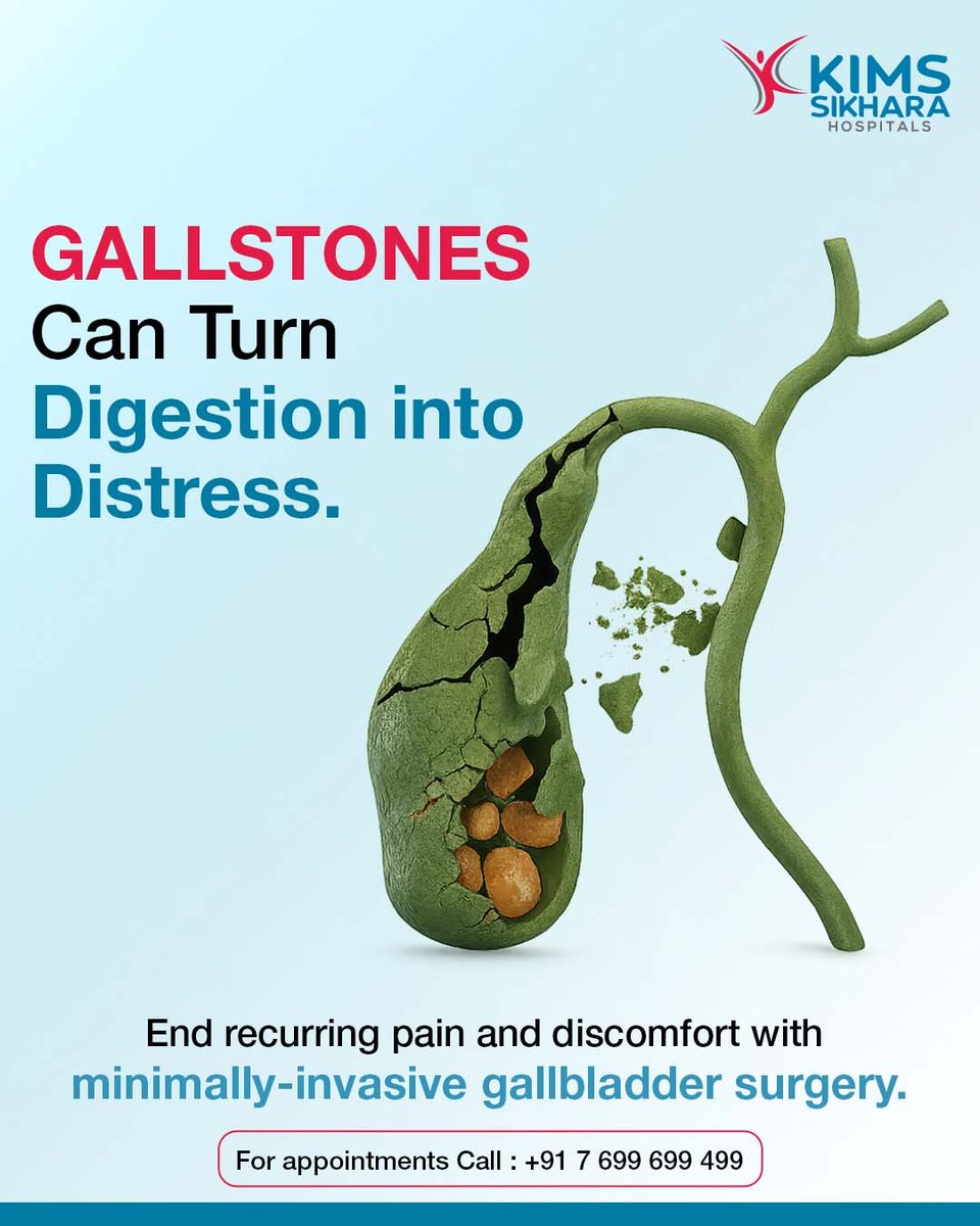 KimsSikhara's tweet image. Gallstones causing digestive distress? 🩺 End recurring pain and discomfort with minimally-invasive gallbladder surgery at KIMS SIKHARA Hospitals, Guntur. 

Book your appointment today! 
📞 +91 7699699499 

#Gallstones #MinimallyInvasiveSurgery #KIMSSikhara