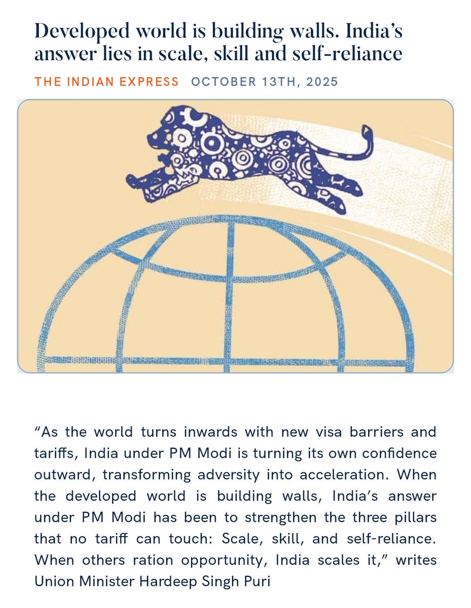 Union Minister Shri <a href="/HardeepSPuri/">Hardeep Singh Puri</a> highlights that while developed nations are turning inward, India is charting a different path through scale, skill and self-reliance. He notes that reforms, digital innovation and a youthful workforce are powering India's rise as the world's