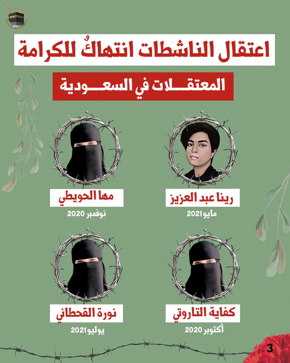 🔴 اعتقال الناشطات في #السعودية انتهاك للكرامة الإنسانية. نساء طالبن بحقوق مشروعة، فوجدن أنفسهن خلف القضبان بدلاً من أن تُسمع أصواتهن.

#مها_الحويطي #رينا_عبد_العزيز
#نورة_القحطاني #كفاية_التاروتي
#المرأة_السعودية #حقوق_الانسان #معتلات_الرأي