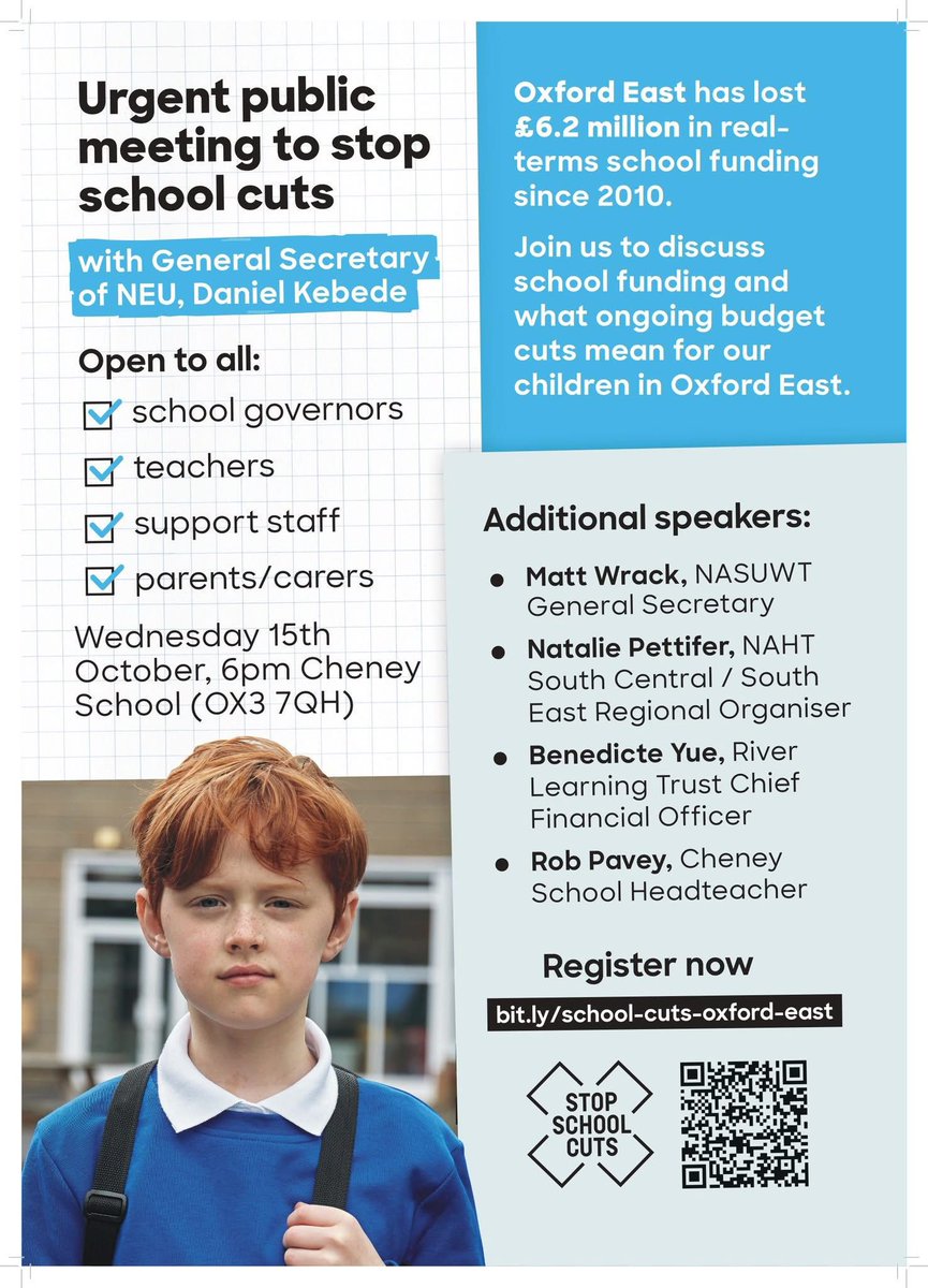 George Buchanan (@gbeconomics) on Twitter photo THIS WEDNESDAY
🚨Stop School Cuts public meeting🚨
🌍Cheney School, Oxford, OX3 7QH
🗓️15 October 2025 
🕕1800
👉Teachers, support staff, parents/carers, governors
Confirmed speakers include NEU and NASUWT General Secretaries.
Register your interest at: bit.ly/school-cuts-ox… THIS WEDNESDAY
🚨Stop School Cuts public meeting🚨
🌍Cheney School, Oxford, OX3 7QH
🗓️15 October 2025 
🕕1800
👉Teachers, support staff, parents/carers, governors
Confirmed speakers include NEU and NASUWT General Secretaries.
Register your interest at: bit.ly/school-cuts-ox…