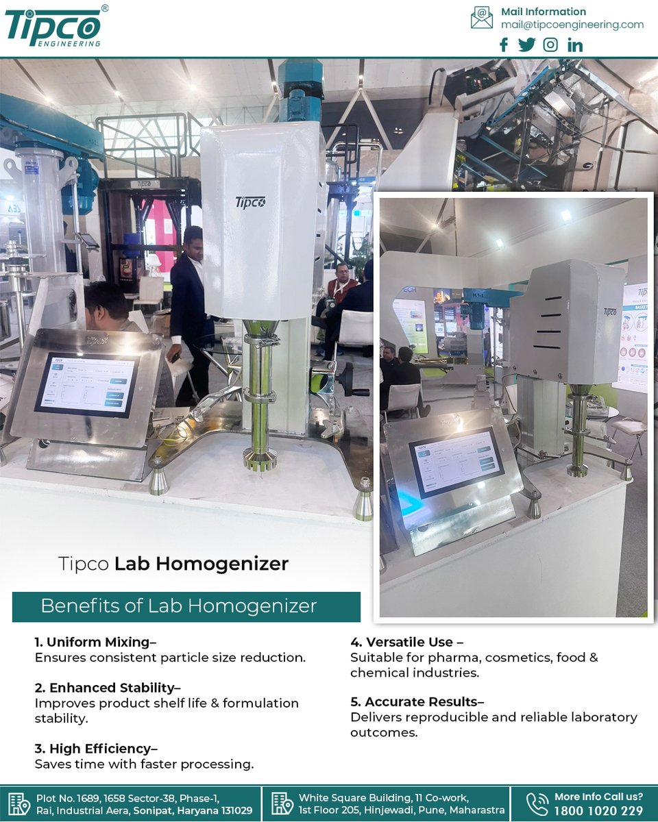 tipcoengineer's tweet image. Tipco’s Lab Homogenizer is engineered to deliver superior results in every formulation.⚙️
📞Call us at 1800 1020 229 | ✉️mail@tipcoengineering.com
.
.
.
#labhomogenizer #pharmamachinery #processtechnology #laboratoryequipment #innovationinaction #chemicalprocessing #madeinindia