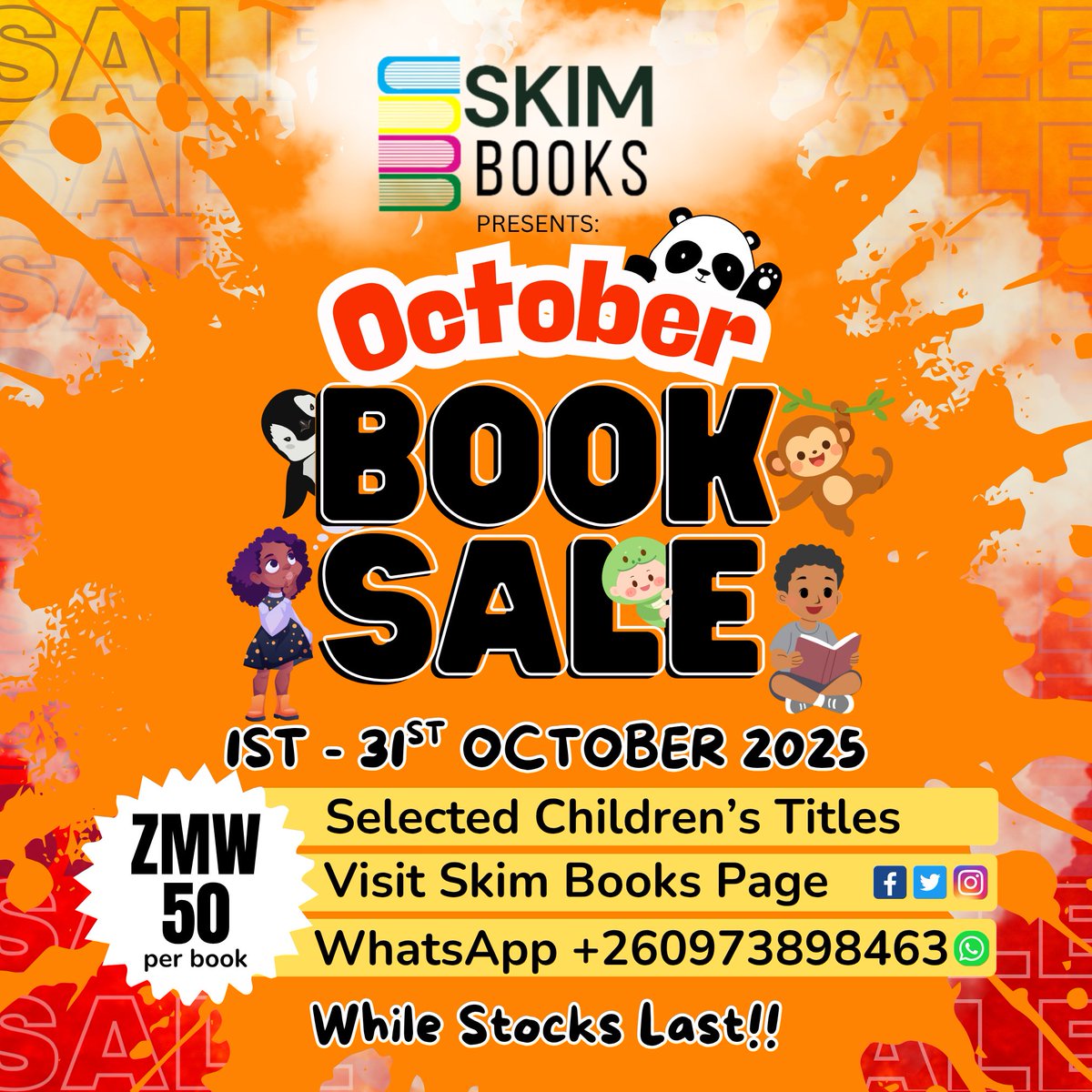 📚🎉 Celebrate Independence Month with a good read!
October = Independence + Incredible Deals! 🇿🇲
The Skim Books October Sale gets you selected children’s books for just K50 this October! Give your little reader the gift of imagination and pride!
Call/ WhatsApp 0973898463