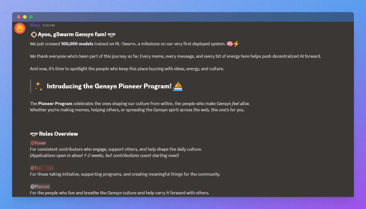 BestRarning's tweet photo. Introducing the Gensyn Pioneer Program 🫂
 The people who make @gensynai  feel like a community. Whether you’re making content, running a node, helping others, or spreading the #Gensyn spirit across the web is recognised by team through Pioneer Program. https://t.co/3f1Bh1RnCm