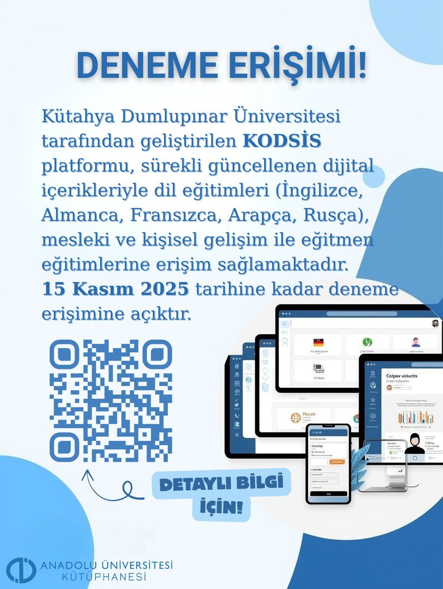 Kütahya Dumlupınar Üniversitesi’nin geliştirdiği KODSİS platformu; dil, mesleki, kişisel gelişim ve eğitmen eğitimleri sunmaktadır.

📚 Sürekli güncellenen içeriklere 7/24 erişim!
📅 15 Kasım 2025’e kadar deneme erişimi açık.
#KODSİS #OnlineEğitim #DijitalEğitim #AkademikGelişim