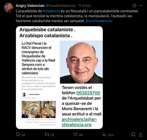L'arquebisbat de València no tenia un arquebisbe nascut al País Valencià i que parlava valencià des del Primat Reig a 1922.

Mai s'han queixat dels anteriors que parlaven només castellà.

Quin és el seu objectiu? El de sempre, que Enrique Benavent parle castellà!