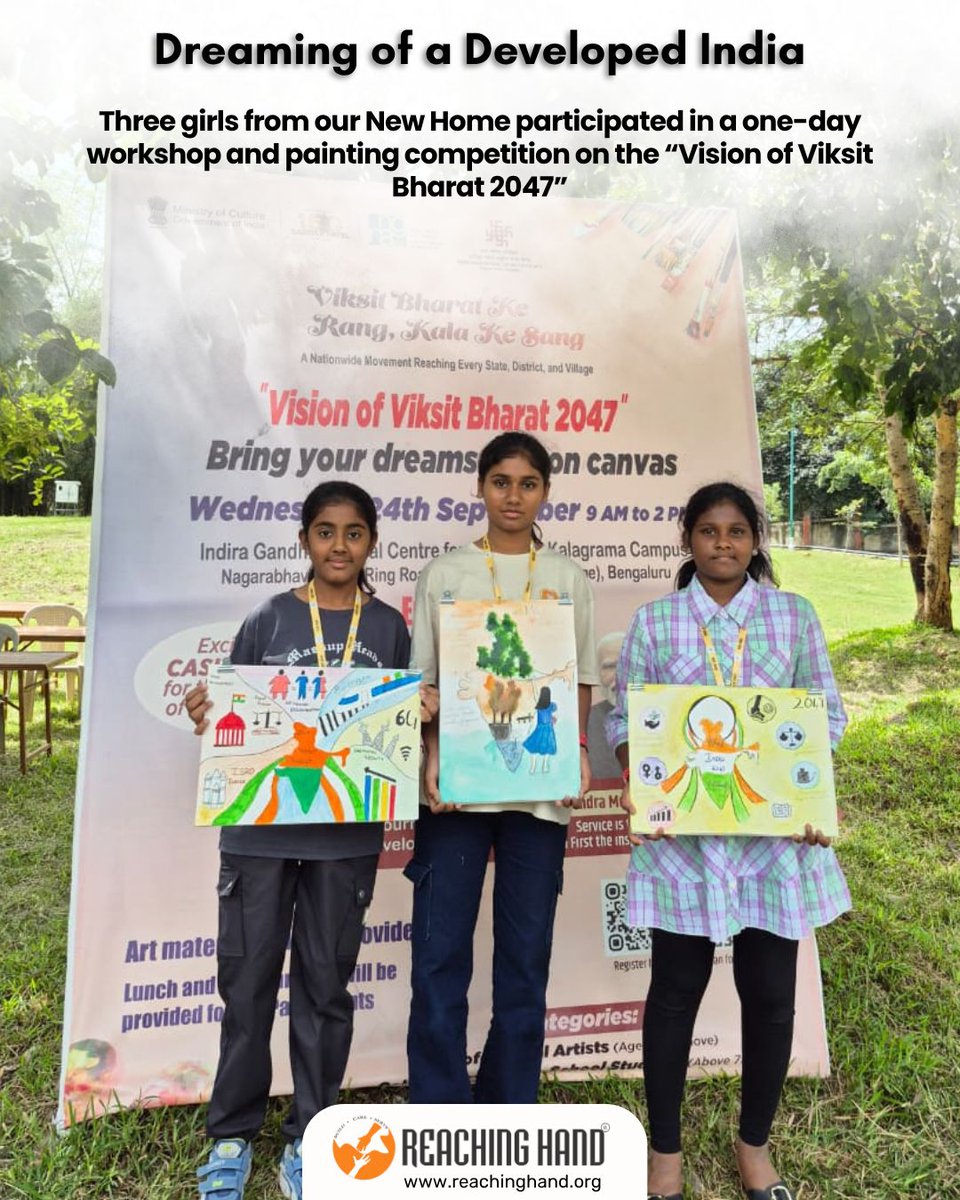 ReachingHandBlr's tweet image. Three girls from our New Home participated in a one-day workshop and painting competition on the “Vision of Viksit Bharat 2047.” Through art, they expressed their creativity and imagined the future of India in 2047.

#EmpoweringChildren   #InspiringYoungMinds