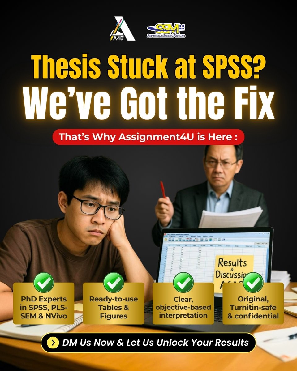 assignment4u_'s tweet image. Thesis stuck at SPSS? You’re not the only one 😭
📉 Unsure which test to run (t-test? regression? ANOVA?)
📊 Confused by variables, coding & p-values
📑 Struggling to turn results into proper discussion
Your supervisor keeps saying “Submit Chapter 4 ASAP”? We got you.
👉…