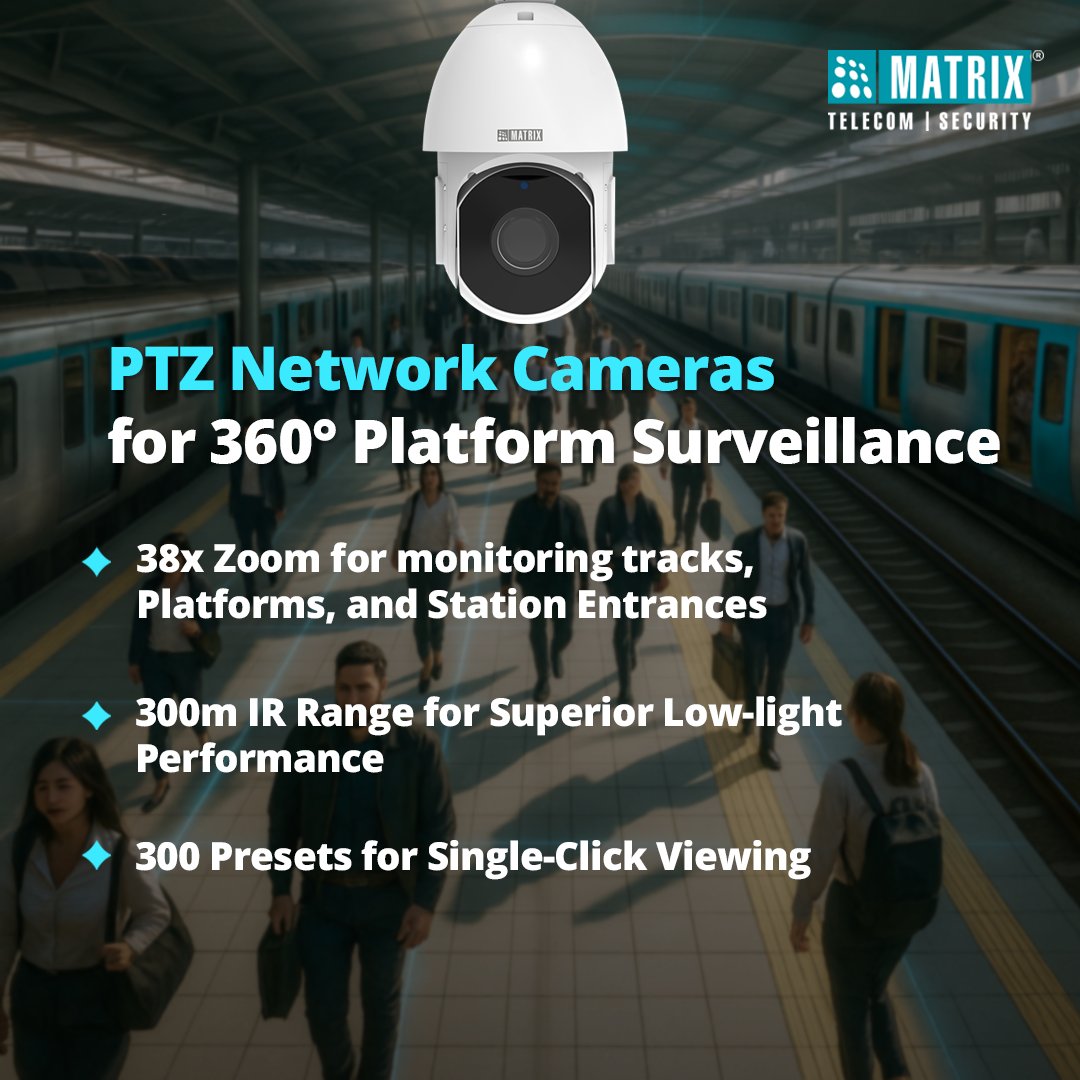 Matrix_Comsec's tweet image. Matrix brings intelligent, RDSO-ready &amp;amp; STQC-certified railway surveillance to #IREE2025. 

Rugged cameras, 360° PTZ &amp;amp; centralized VMS. 

Register Now: matrixcomsec.com/international-…

#RailwaySafety #SmartSurveillance #MatrixComsec