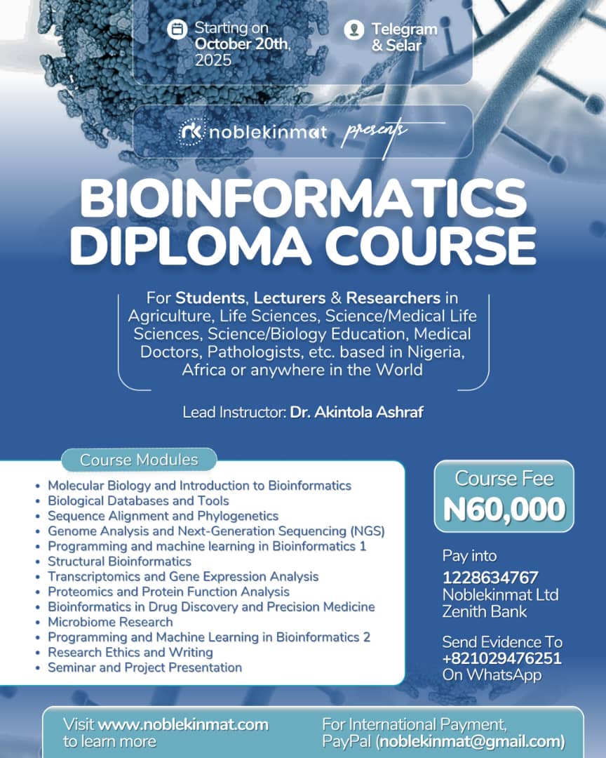 noblekinmat's tweet image. Exactly a week to the Bioinformatics Diploma Course is almost here, and it starts October 20th.
This program is perfect for undergraduates & early-career researchers