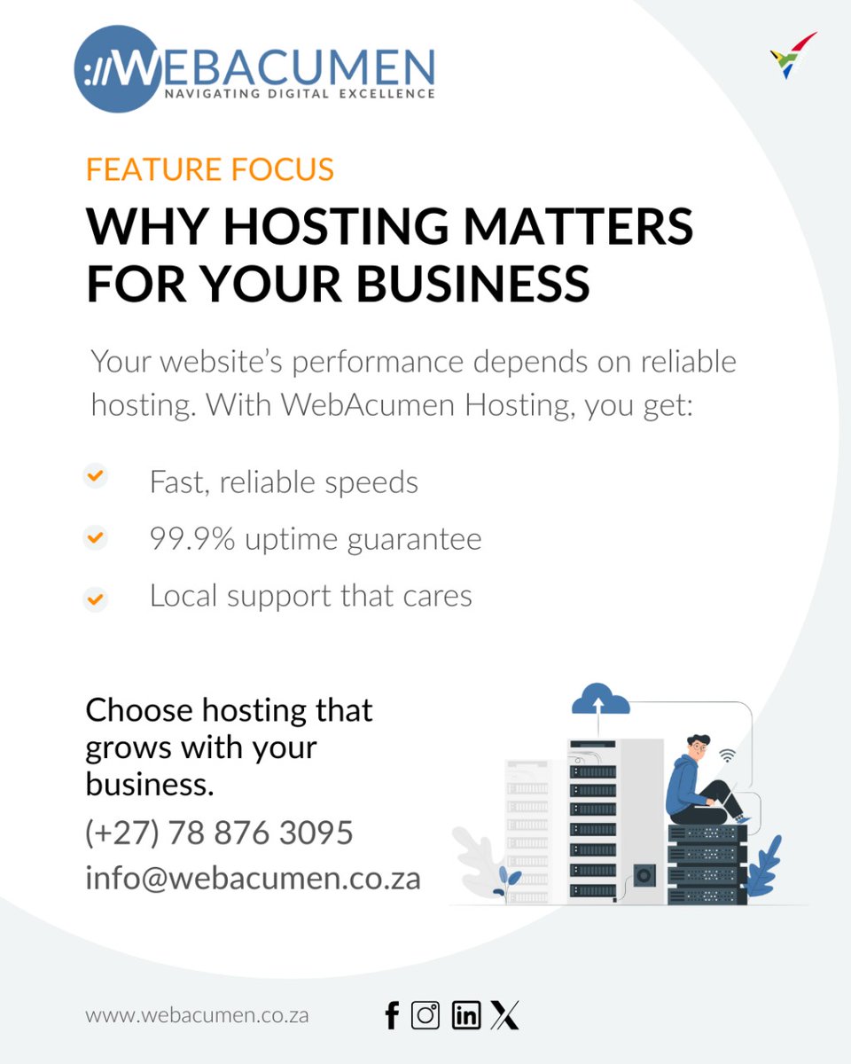WebAcumenZA's tweet photo. Feature Focus: Why Your Hosting Matters More Than You Think 🚀 

WhatsApp: +27 78 876 3095
Email: info@webacumen.co.za
Explore Our Hosting: https://t.co/rVbYNeCyu4

#WebAcumen #FeatureFocus #WebHosting #BusinessHosting #UptimeGuarantee #WebsitePerformance #SupportLocalZA https://t.co/kDZgUVOkyW