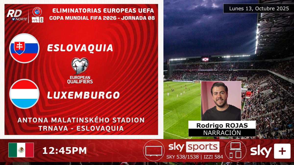 Revista Deportiva CR | #RDNorte (@deportivacr) on Twitter photo 🇸🇰 <a href="/sfzofficial/">SFZ (official)</a> v <a href="/flf_lu/">Fédération Luxembourgeoise de Football</a> 🇱🇺
🎙️ <a href="/royrdeportes/">Roy Rojas</a>
⏰12:45pm Solo en México
📺 <a href="/SKYSportsMX/">Sky Sports México</a> C 538/1538 (🇲🇽) | <a href="/izzi_mx/">izzi telecom</a> C 584 (🇲🇽)
💻 #SKYPlus (🇲🇽)
🇨🇷 #RDNorte #FUTBOLxSKY #SVKLUX
🏆 <a href="/UEFA/">UEFA</a> #Eliminatorias Mundial 2026 | Jornada 08 🇸🇰 <a href="/sfzofficial/">SFZ (official)</a> v <a href="/flf_lu/">Fédération Luxembourgeoise de Football</a> 🇱🇺
🎙️ <a href="/royrdeportes/">Roy Rojas</a>
⏰12:45pm Solo en México
📺 <a href="/SKYSportsMX/">Sky Sports México</a> C 538/1538 (🇲🇽) | <a href="/izzi_mx/">izzi telecom</a> C 584 (🇲🇽)
💻 #SKYPlus (🇲🇽)
🇨🇷 #RDNorte #FUTBOLxSKY #SVKLUX
🏆 <a href="/UEFA/">UEFA</a> #Eliminatorias Mundial 2026 | Jornada 08