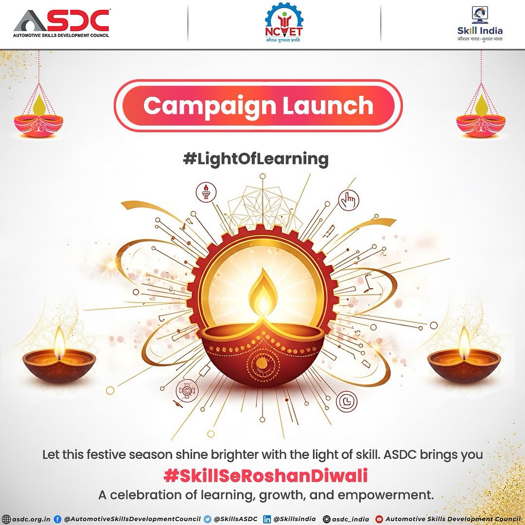 SkillsASDC's tweet image. ASDC brings to you #SkillSeRoshanDiwali, an initiative that highlights how skills fuel opportunity and innovation.
This Diwali, let’s spread the #LightOfLearning — where every skill learned becomes a spark for progress.

#ASDC #SkillIndia #NCVET #SkillDevelopment