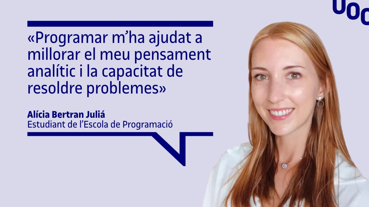 UOCeimt's tweet image. 🗨️"Formar-se en #programació és una molt bona opció per a professionals que vulguin començar a treballar amb dades o entendre millor el món digital".
👩💻Parlem amb Alícia Bertran Juliá, estudiant de l'Escola de Programació de la UOC.
👉blogs.uoc.edu/informatica/ca…