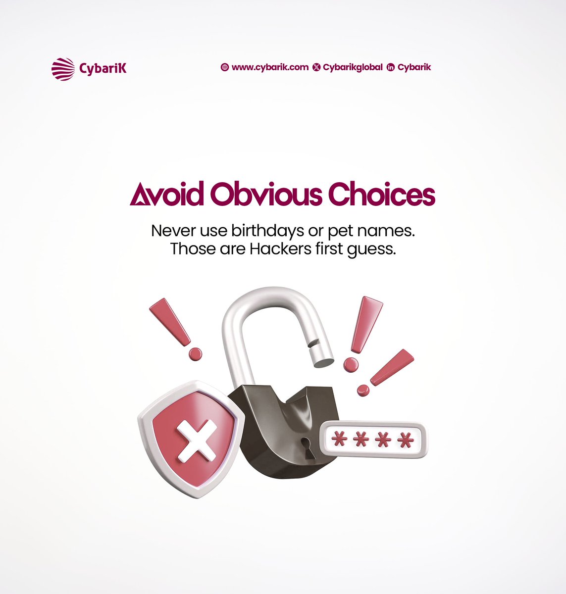 CybarikGlobal's tweet image. Strong passwords = Stronger security.
When was the last time you updated your passwords?

Take five minutes to update yours today.

#CybersecurityAwarenessMonth #Cybersmart #CybariK