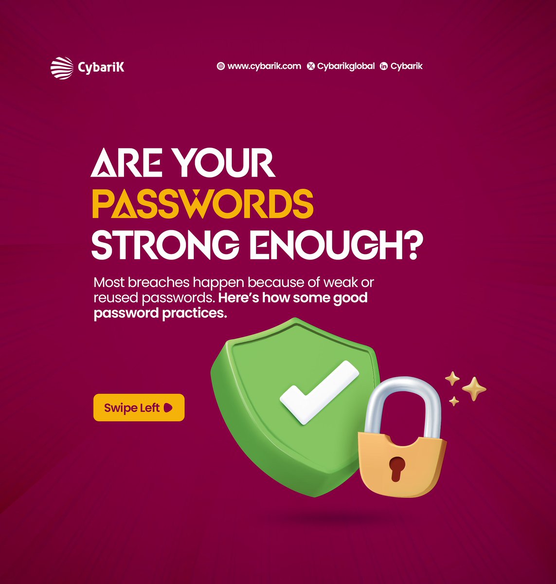 CybarikGlobal's tweet image. Strong passwords = Stronger security.
When was the last time you updated your passwords?

Take five minutes to update yours today.

#CybersecurityAwarenessMonth #Cybersmart #CybariK