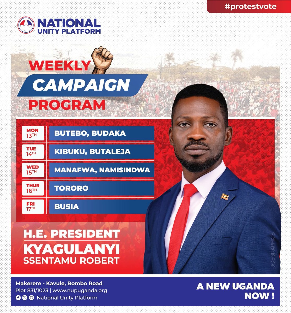 JNambeshe's tweet image. Today we are entering the third consecutive week of our Presidential campaigns. 

Bukedi sub-region, Eastern Uganda is ready to not only welcome  President @HEBobiwine and the @NUP_Ug caravan but listen to his revolutionary message. #ANewUgandaNow
#ProtestVote2026
