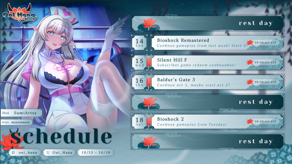 Schedule for this week is up, let's keep spooky month rolling! 🩷👻
Come by and say hi, we're so close to 100 followers over on Twitch and this week I'll be adding either tiktok or youtube to my list of platforms! 👹💧🪷

Twitch.tv/oni_hana