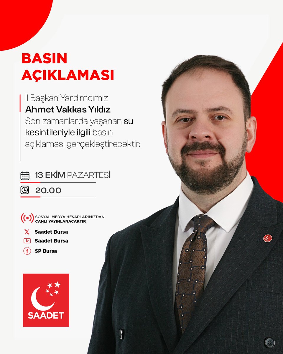 İl Başkan Yardımcımız Ahmet Vakkas Yıldız,
son zamanlarda yaşanan su kesintileriyle ilgili
basın açıklaması gerçekleştirecektir.

🗓 13 Ekim Pazartesi (Bugün)
🕰 20.00
📍 Saadet Partisi Bursa İl Başkanlığı

📡 Sosyal medya hesaplarımızdan canlı yayınlanacaktır.