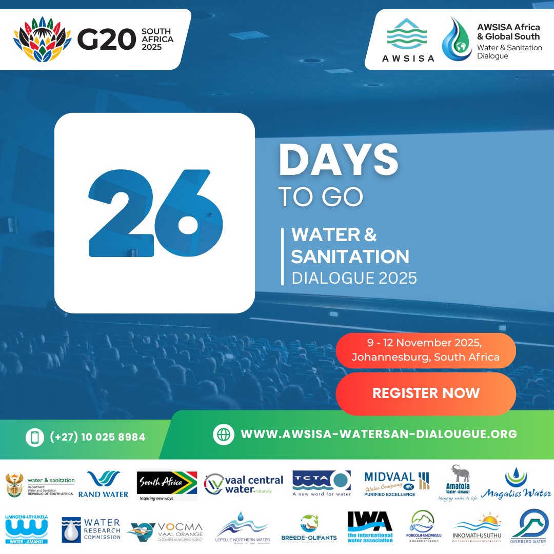 Afriwatersan's tweet image. 💧26 Days to Go | One Dialogue. One Africa🌍
Collaboration. Innovation. Action.
🎟 Register now & enjoy delegate hotel packages : awsisa-watersan-dialougue.org