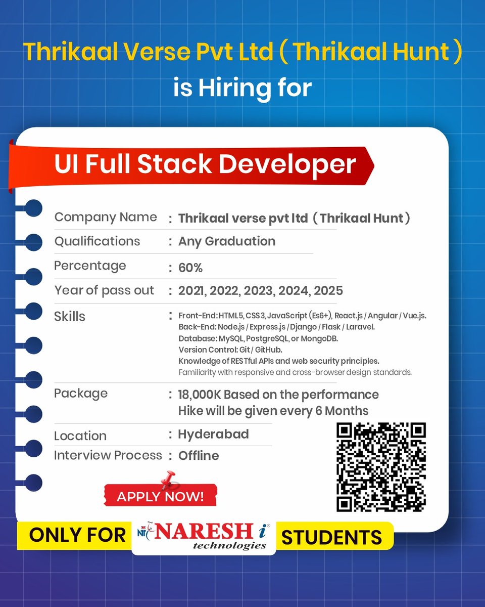 nareshitkphb's tweet image. 🚀 Hiring Alert! Thrikaal Verse Pvt Ltd (Thrikaal Hunt) is looking for UI Full Stack Developers exclusively for NareshIT students 👨💻
📍 Location: Hyderabad
💰 Package: ₹18K+/month
🧑💼Interview Mode: Offline
🌐 kphb.nareshit.com
#JobAlert #UIDeveloper #FullStackDeveloper