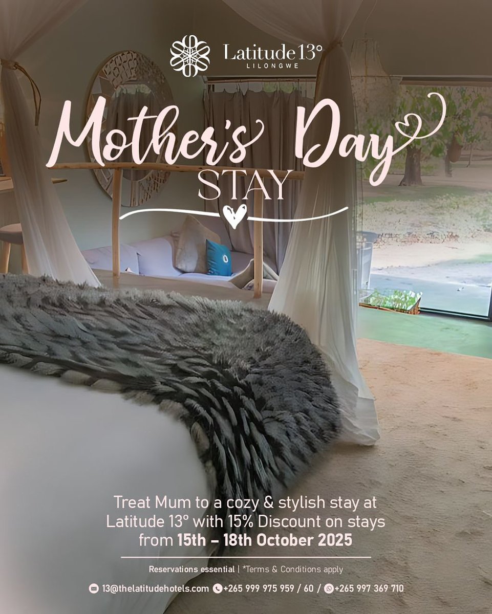 This Mother’s Day, we celebrate the pillars of love, care &amp; strength. 

Treat the amazing women in your life to a day of joy and pampering with us🌸
Make your reservation on:
📞+265 999 975 959/60/61
💬whatsapp +265 997 369 710
📧13@thelatitudehotels.com