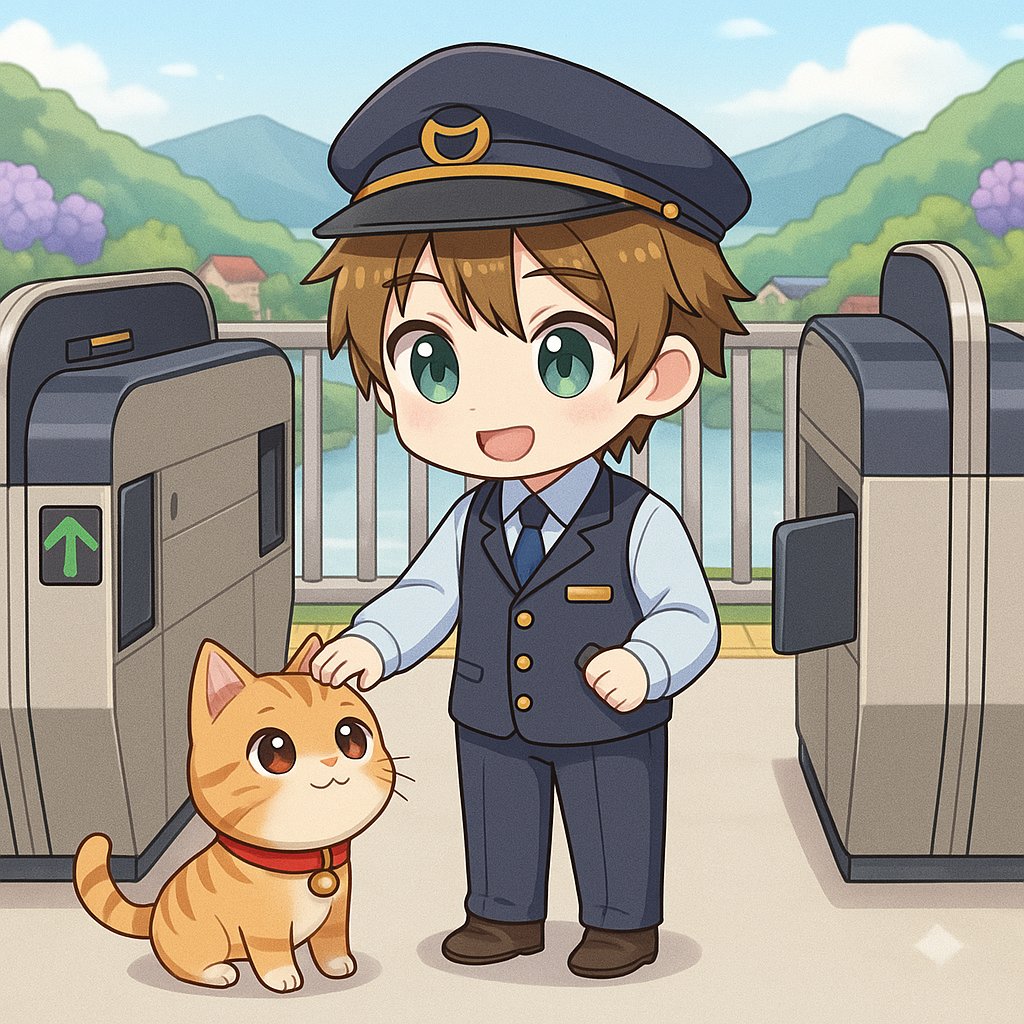 おはようございます☀️
可愛らしい駅員さんと、甘えん坊な猫ちゃんのほっこりする日常をイラストにしました🐈✨ 

「今日も一日頑張ろうね！」って言ってるみたい😊
背景もふんわり絵本風に📚

今日もよろしくです(≧∀≦)
#ちびキャラ #ミニキャラ #駅員さん  #イラスト #イラスト好きな人と繋がりたい